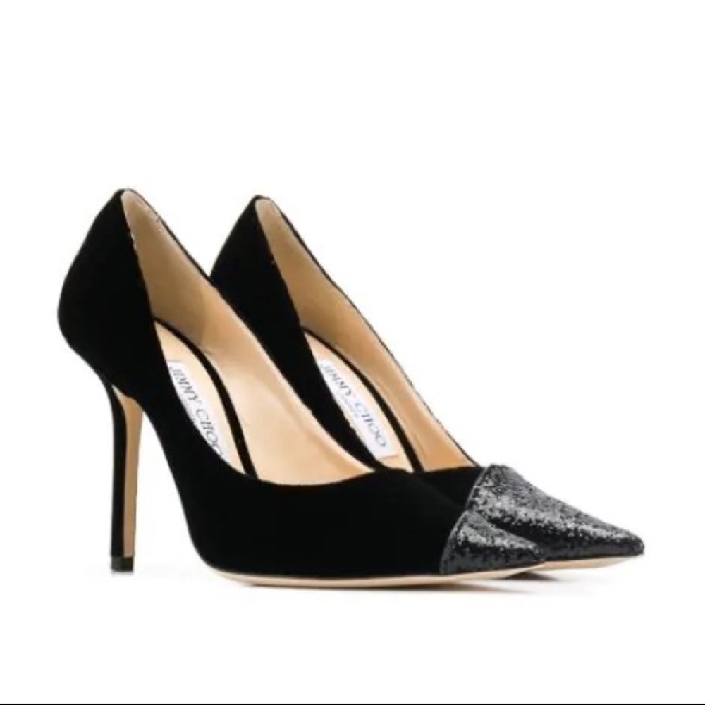 FINAL SALE Jimmy Choo love 100 asymmetric velvet/glitter black pumps NWT 39/9